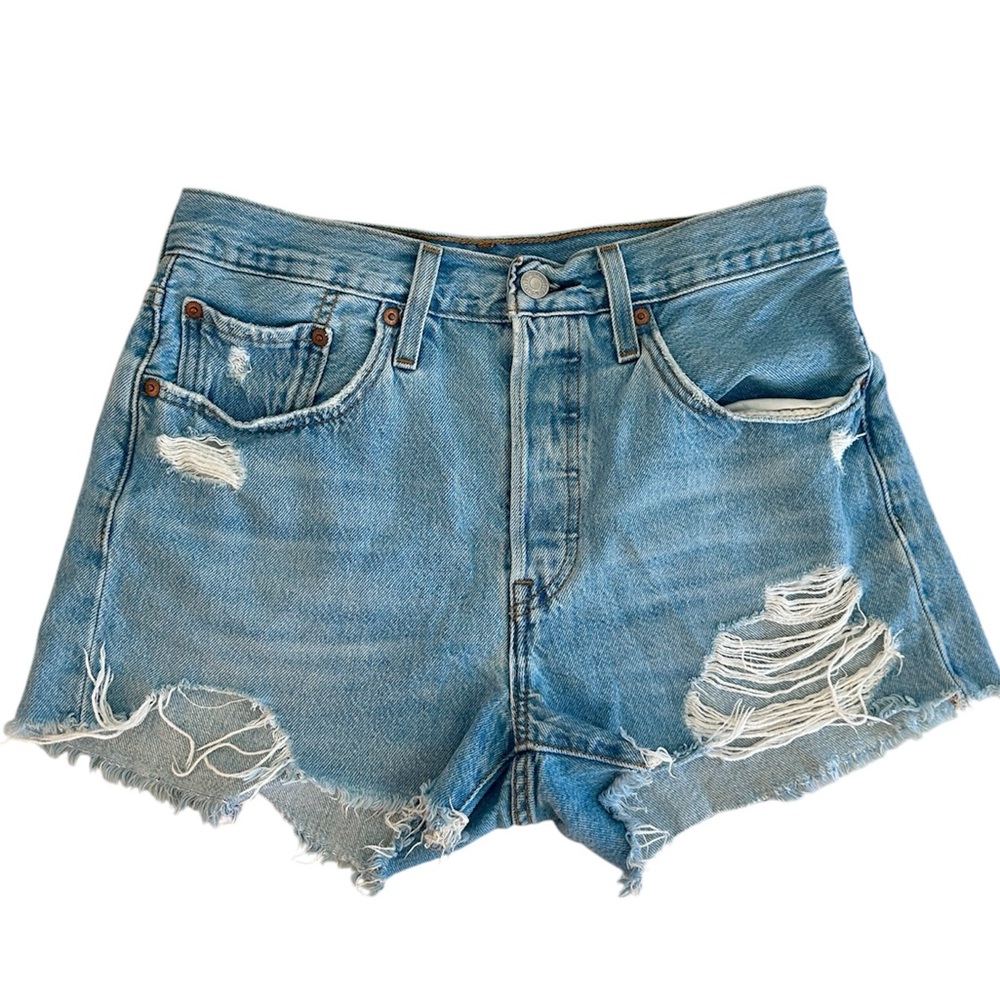 Levi's 501 • High Rise Distressed Denim Shorts • Size 27 • Light Wash